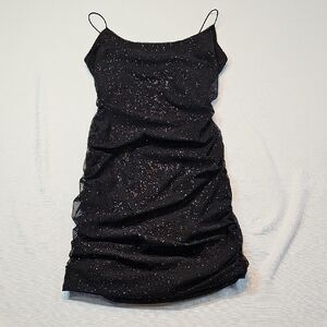 Windsor Black Glitter Ruched Mini Dress Spaghetti Straps Sparkly Bodycon Size M
